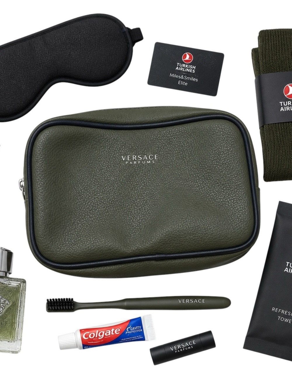 Versace Parfums Olive Green Travel Toiletry Dopp Kit Turkish Airlines Bag Case
